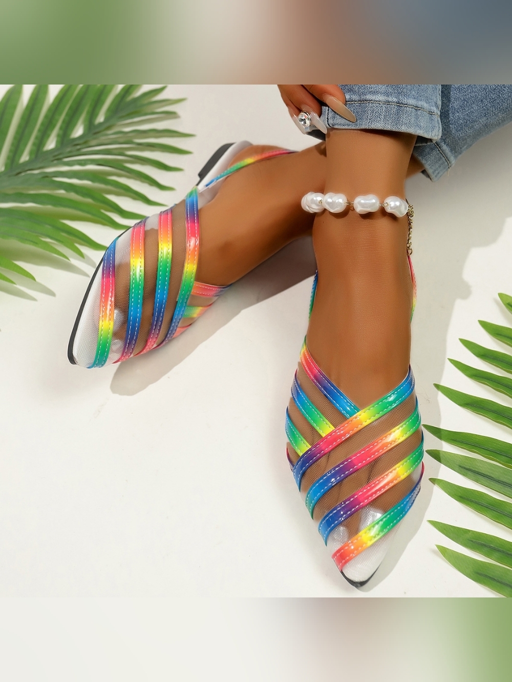 Women's Rainbow Strappy Slingback Flat Sandals - Picture 3 of 5